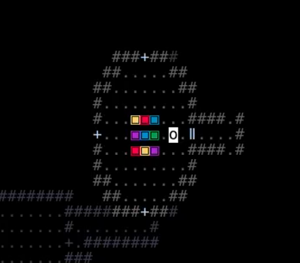 Screen shot showing the player standing beside a 9x9 grid of colour tiles, one of the puzzles in type rogue